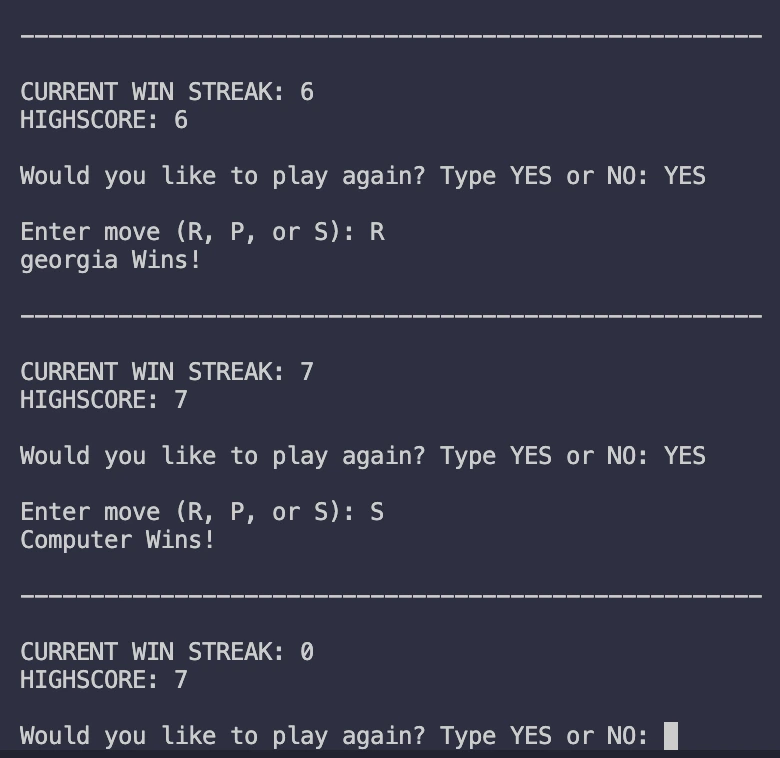 creenshot of rock paper scissors game running