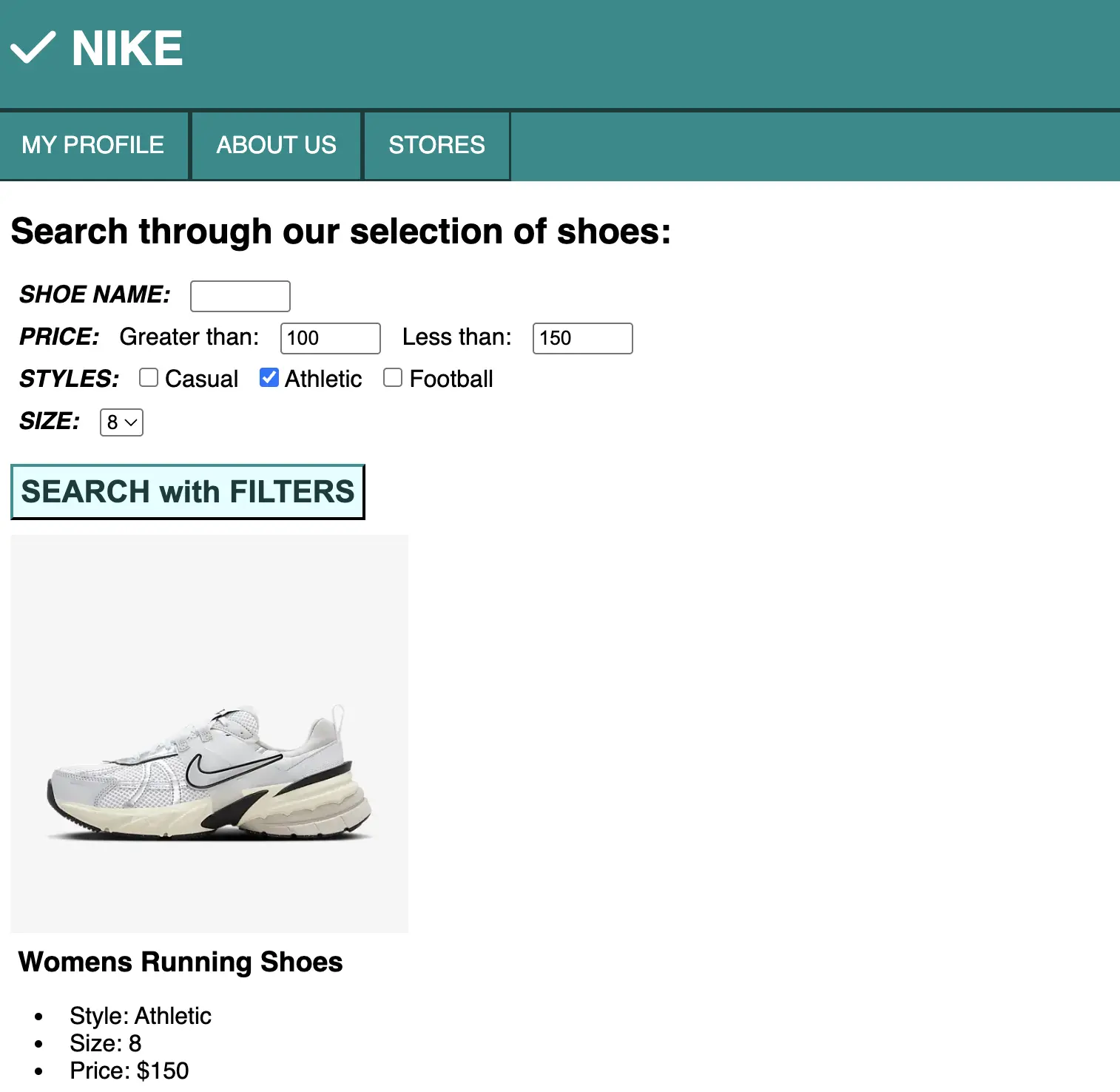 screenshot of shoestore website