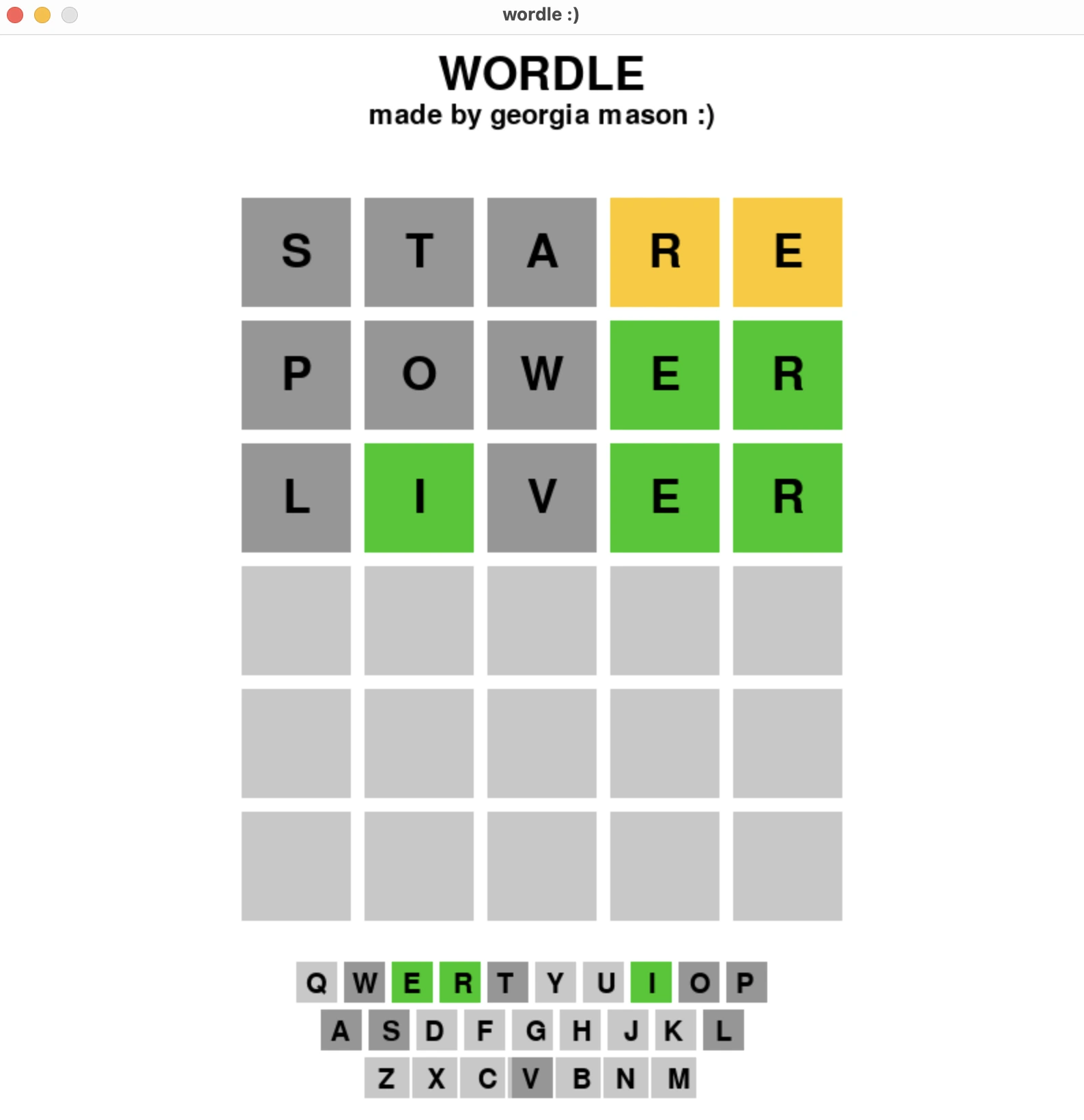 screenshot of wordle game running