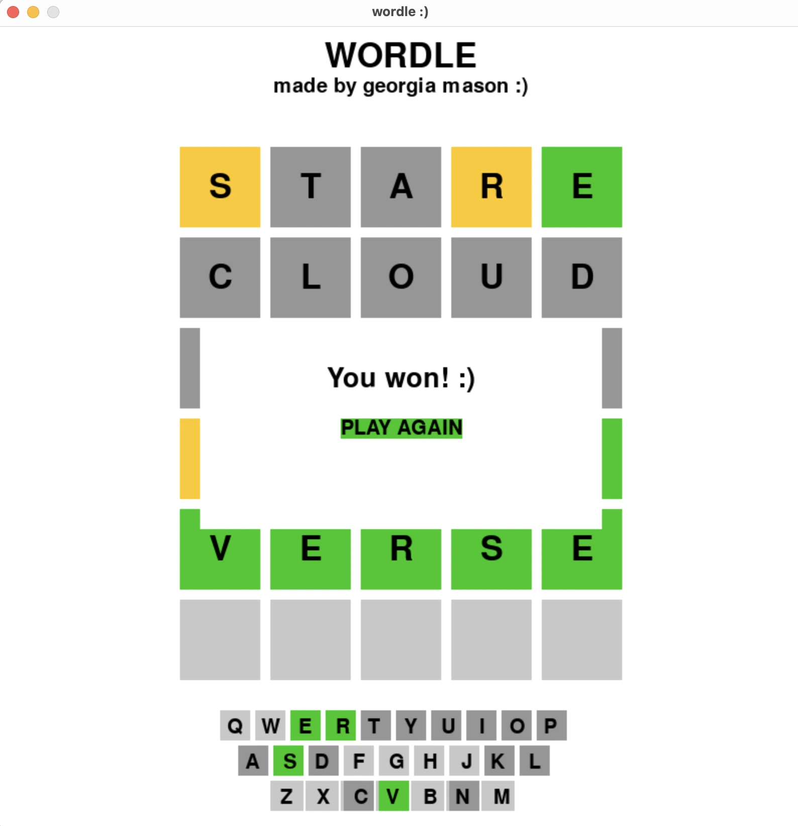 screenshot of wordle game running